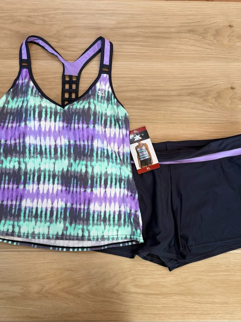 ZeroXposur NWT Tankini Swimsuit Set XL Purple Blue Tie-Dye Swim Shorts - Picture 1 of 1